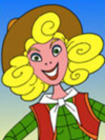 A smiling cowgirl with curly blonde hair.