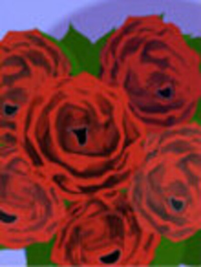 A bouquet of red roses, each roses has a tiny face in its center, and they're singing.