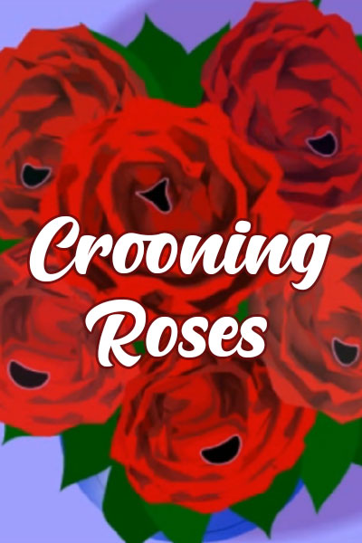 A bouquet of red roses, each roses has a tiny face in its center, and they're singing.