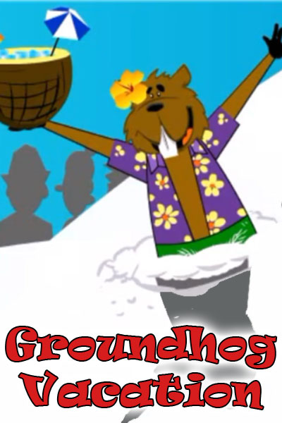 A happy groundhog relaxes in a bar. The groundhog is wearing a Hawaiian shirt, and has a hibiscus flower tucked behind its ear. It's drinking a mixed drink with a little umbrella out of a coconut shell.