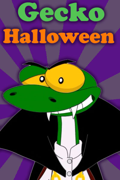 A gecko is dressed as a vampire for Halloween. He smiles at the viewer, showing off his fangs.