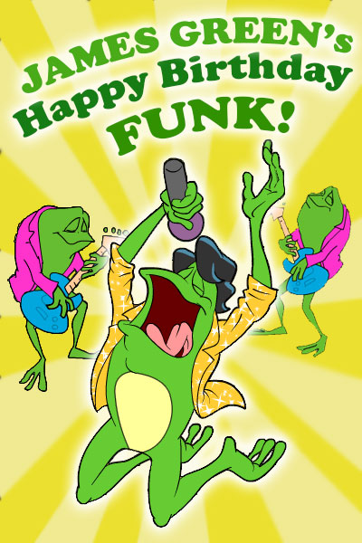 The preview image for this free musical card features three cartoon frogs that make up a band. Two in the back are playing guitar. The frog in the foreground is holding a microphone, and dressed in the style of a famous funk and soul singer, he is jumping joyfully as he sings.