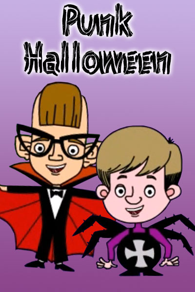 Two kids in costumes. One child is dressed as a vampire, and the other is wearing a spider costume.