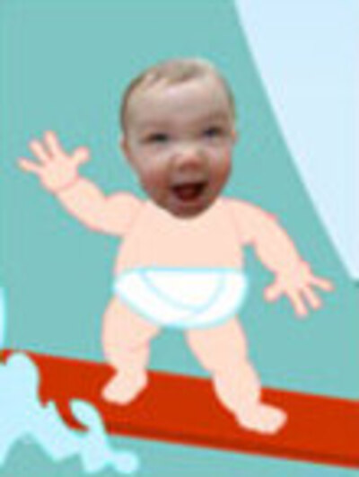 A baby on a surfboard with an excited look on his face.