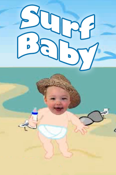 A baby on a surfboard with an excited look on his face.