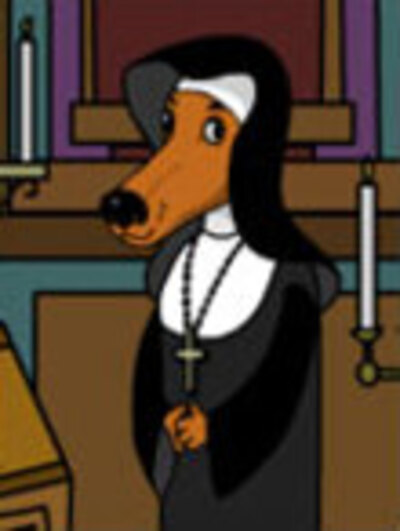 A dog in a nun outfit standing in a church.
