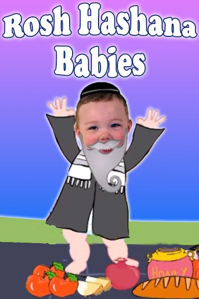 A baby wearing a beard, robe, scarf, and yarmulke stands with his arms raised.