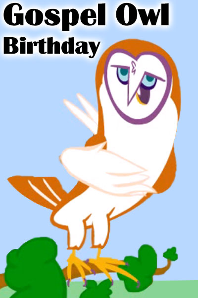 A lovely brown and white owl holds a wing over its heart, and sings a soulful gospel birthday song. The ecard title Gospel Owl Birthday is written above the owl.