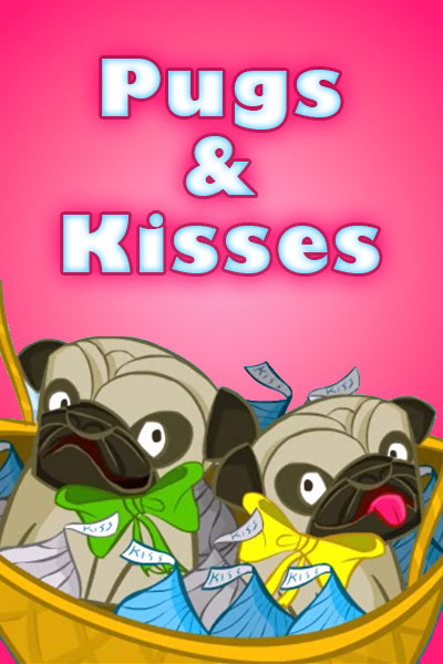 Two pug puppies sit in a basket surrounded by chocolate candy kisses.