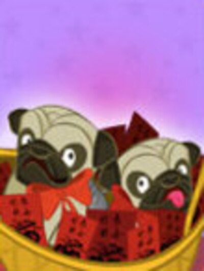 A pair of pug puppies sit in a basket surrounded by Chinese New Year flags.