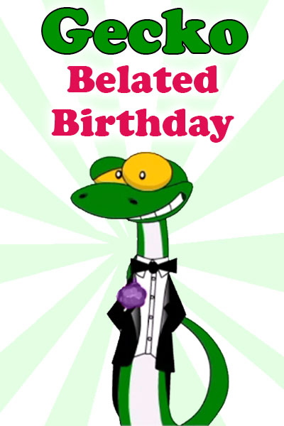 A smiling, cartoon gecko wearing a tuxedo, with a pink flower in its lapel.