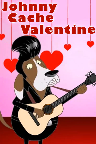 A hound dog dressed in the style of Johnny Cash, with a black outfit, and black pompadour hair. He is playing a guitar.