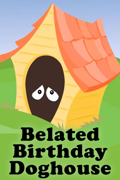 A cartoon doghouse, with a dark doorway that shows only a pair of eyes, positioned in a way that indicates the face they belong to is very sad.