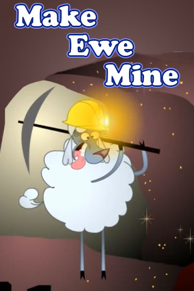 A sheep wears a miner's helmet, and carrying a pickax.