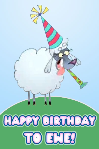 A sheep, making a silly face. It is blowing a party horn, and wearing a party hat.