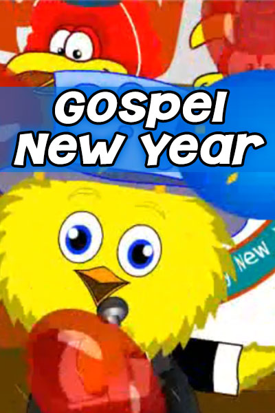 A yellow chick wearing a top hat sings into a microphone while chickens sing back up behind him.Gospel New Year is written in the foreground. 