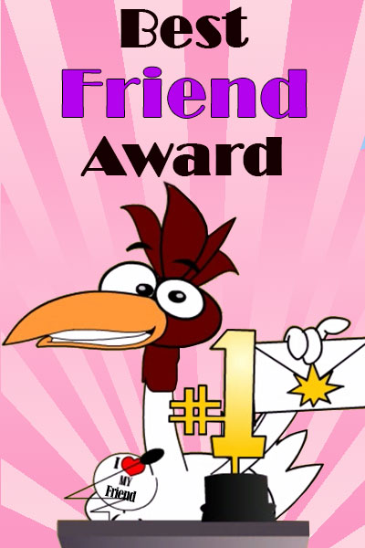 A chicken stands at the podium of an awards show, and there is a #1 trophy in front of him.