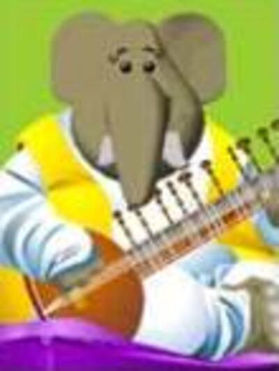 An elephant with a sitar, wearing white and yellow robes, sits on a pillow.