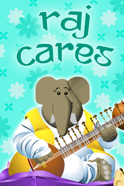 An elephant in yellow and white robes sits on a pillow. He is playing the sitar.