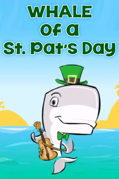 A whale dressed in a green top hat is jumping out of the water while playing a fiddle.