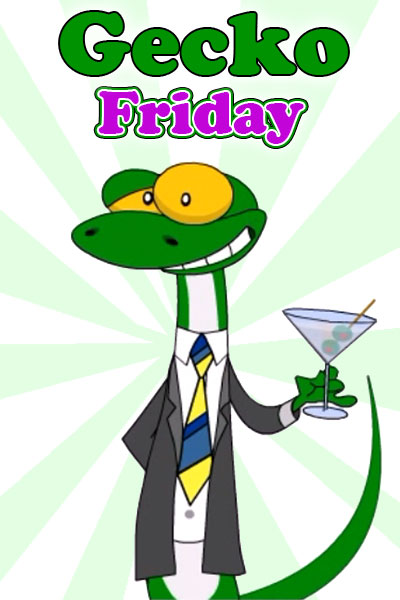 A gecko in a suit and tie toasts the viewer with a martini glass.