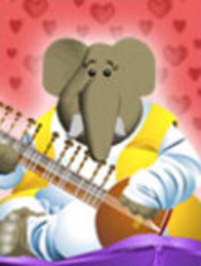 An elephant in yellow and white robes plays the sitar.
