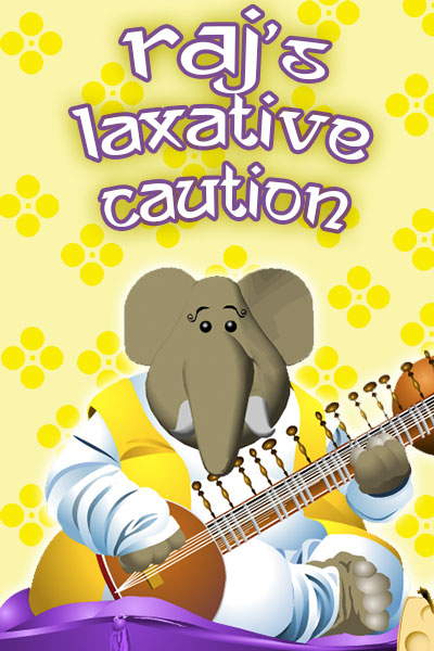 An elephant in yellow and white robes sits on a pillow. He is playing the sitar.