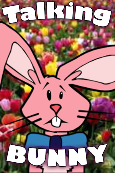 A bunny stares at the viewer. Behind the bunny are lots and lots of colorful flowers.