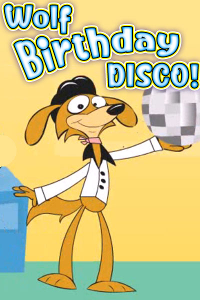 A wolf dressed in a Saturday Night fever style white shirt with a wide collar. He’s dancing next to a disco ball.