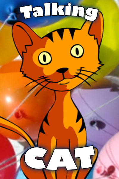 An orange cat with black stripes smiles at the viewer. There are colorful balloons behind the kitty.