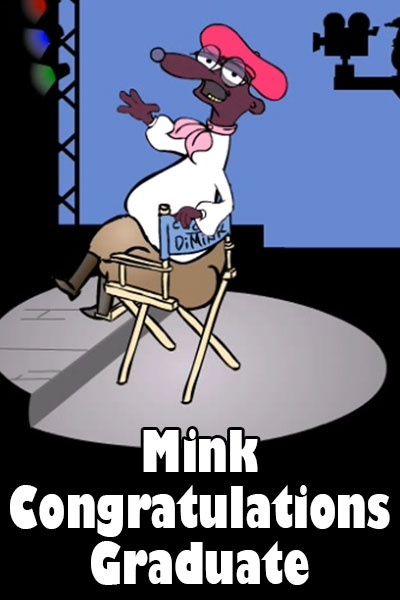 A mink in a film director outfit: a beret, glasses, and a neck scarf.