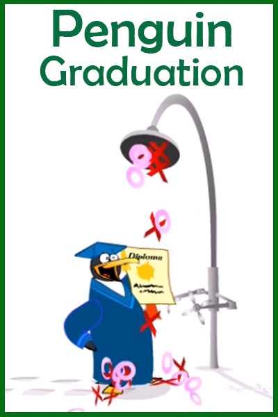 A penguin in a cap and gown happily shows off his diploma.