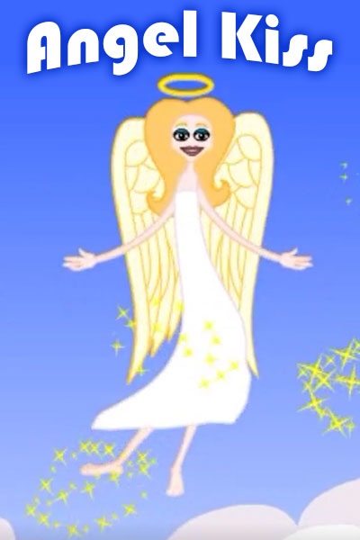 An angel looks at the viewer with her arms outstretched.