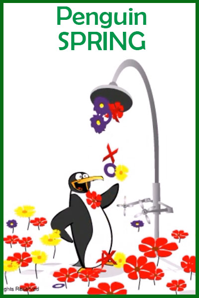 A penguin stands under a shower head. X's, O's, and colorful flowers rain down on him.