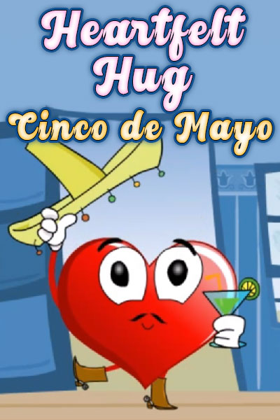 A heart with a small mustache, wearing cowboy boots, and holding a margarita. He is tipping his sombrero to salute the viewer.