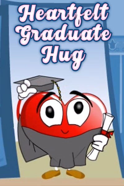 A cute cartoon heart, dressed in a graduation cap and gown, and holding a diploma.