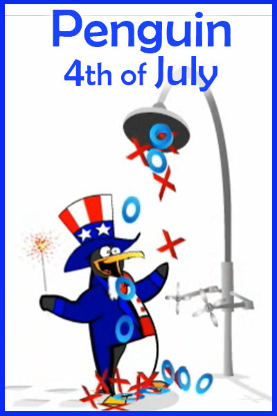 A penguin in a red, white, and blue top hat and jacket celebrated under a shower head. Red and blue x's and o's rain down on him from the shower head.