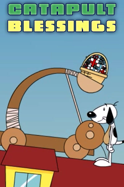 A dog loads a catapult with gifts for his neighbor.