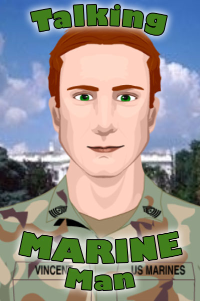 An animated male Marine, wearing fatigues, and smiling quietly at the viewer.