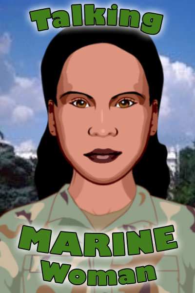 A black woman Marine, wearing fatigues, and smiling quietly at the viewer.