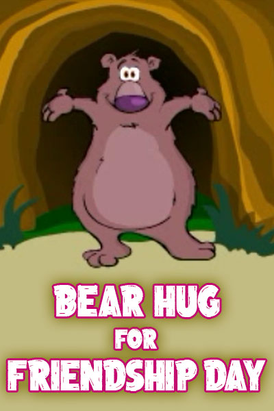 A cute bear stands at the entrance to his cave. He's smiling happily, and his arms are outstretched for a hug.