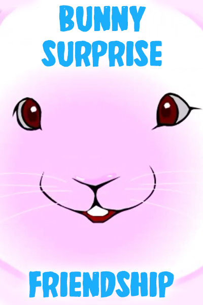 A pink bunny smiles cheerfully at the viewer.