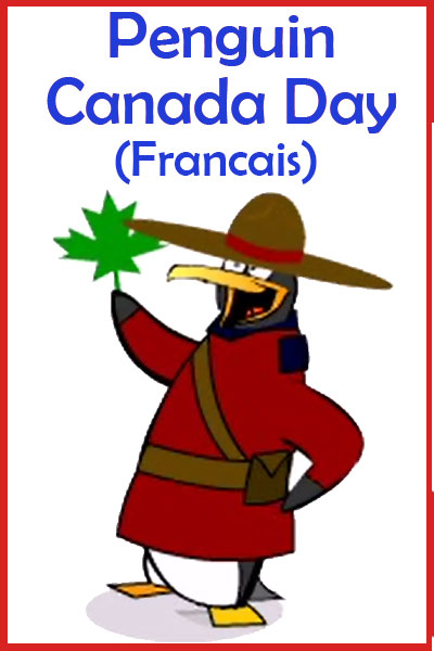 A French ecard, its thumbnail image showing a penguin dressed in the uniform of the Royal Canadian Mounted Police, He is smiling, and waving a Canadian Flag over his head.