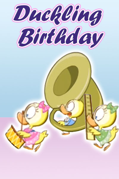 A duckling, wearing a frilly pink dress, and polka dotted bow on her head, playing a drum.