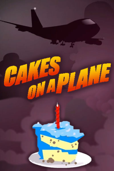The still image for this pop culture birthday card is a slice of cake with a candle in it, sitting on a plate. against a dark purple sky heavy with storm clounds and the dark silhouette of a jumbo jet airliner near the top. The words "Cakes on a Plane" appear between the plane and the cake.