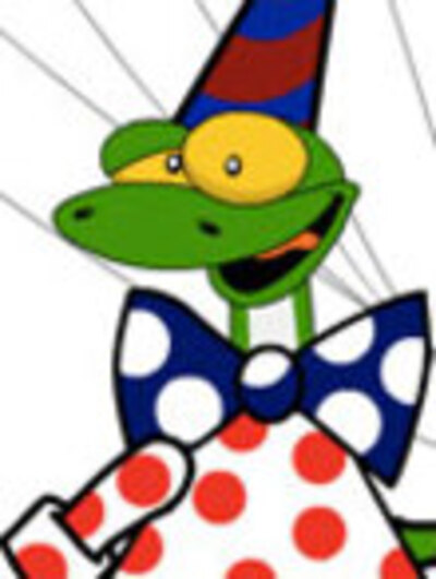 A gecko wearing a polka dotted shirt and tie, and a striped party hat.