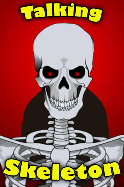 A spooky  skeleton with glowing red pinpoints in its eyes. It seems to glare at the viewer.