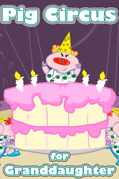 A pig wearing a polka dotted shirt, red nose, and clown wig jumps up from inside a birthday cake. 