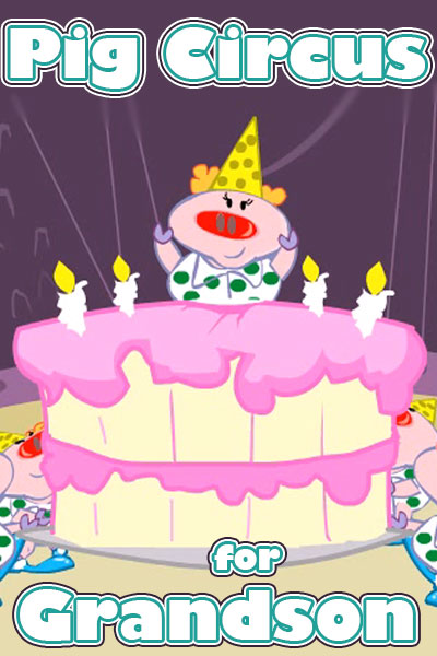 A pig wearing a polka dotted shirt, red nose, and clown wig jumps up from inside a birthday cake. 