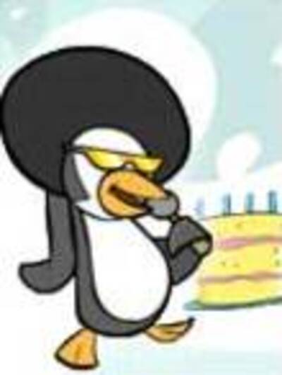 A funky penguin, with an afro, gold sunglasses, and a microphone, singing a birthday song.